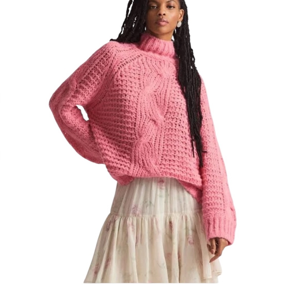 Loveshackfancy Leyland Turtleneck Sweater Pink Alpaca Open Weave Womens Medium